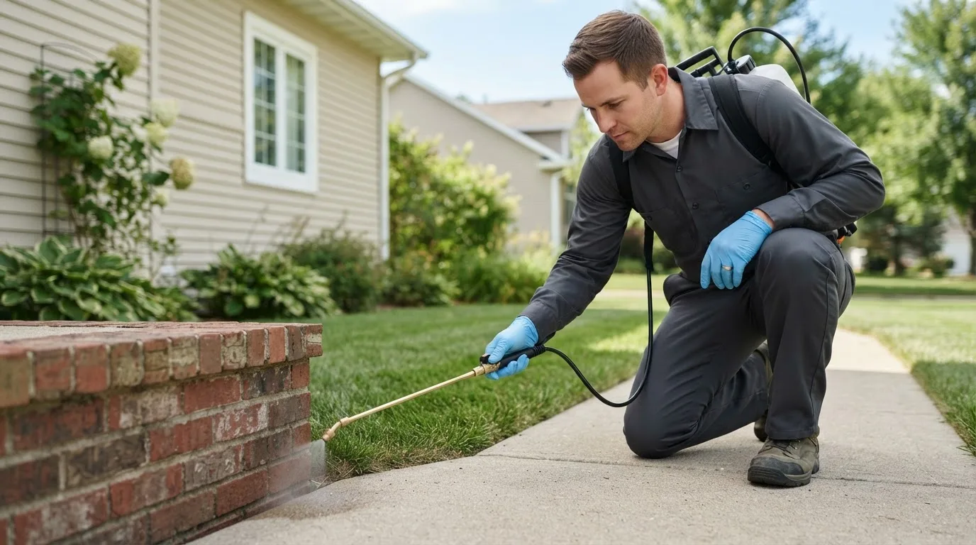 Pest control technician treating a home near Bellport, NY