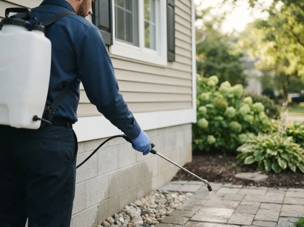 Pest control technician inspecting a home in Bellport, NY